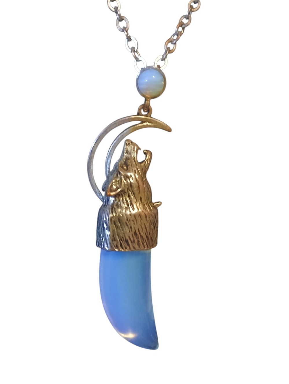 Wolf Crescent Moon Necklace with Blue Opal Pendant - Picture 3 of 10